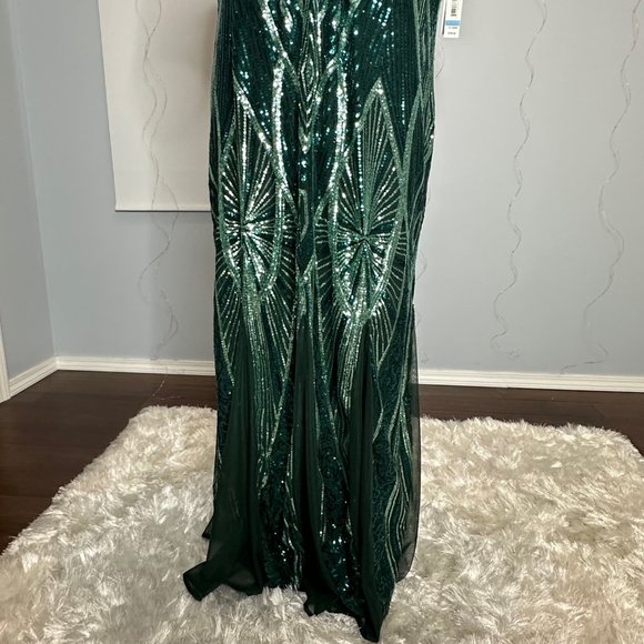 R&M Richards Elegant Evening Dress Womens Plus Green Sequined Long V-Neckline - Picture 9 of 16